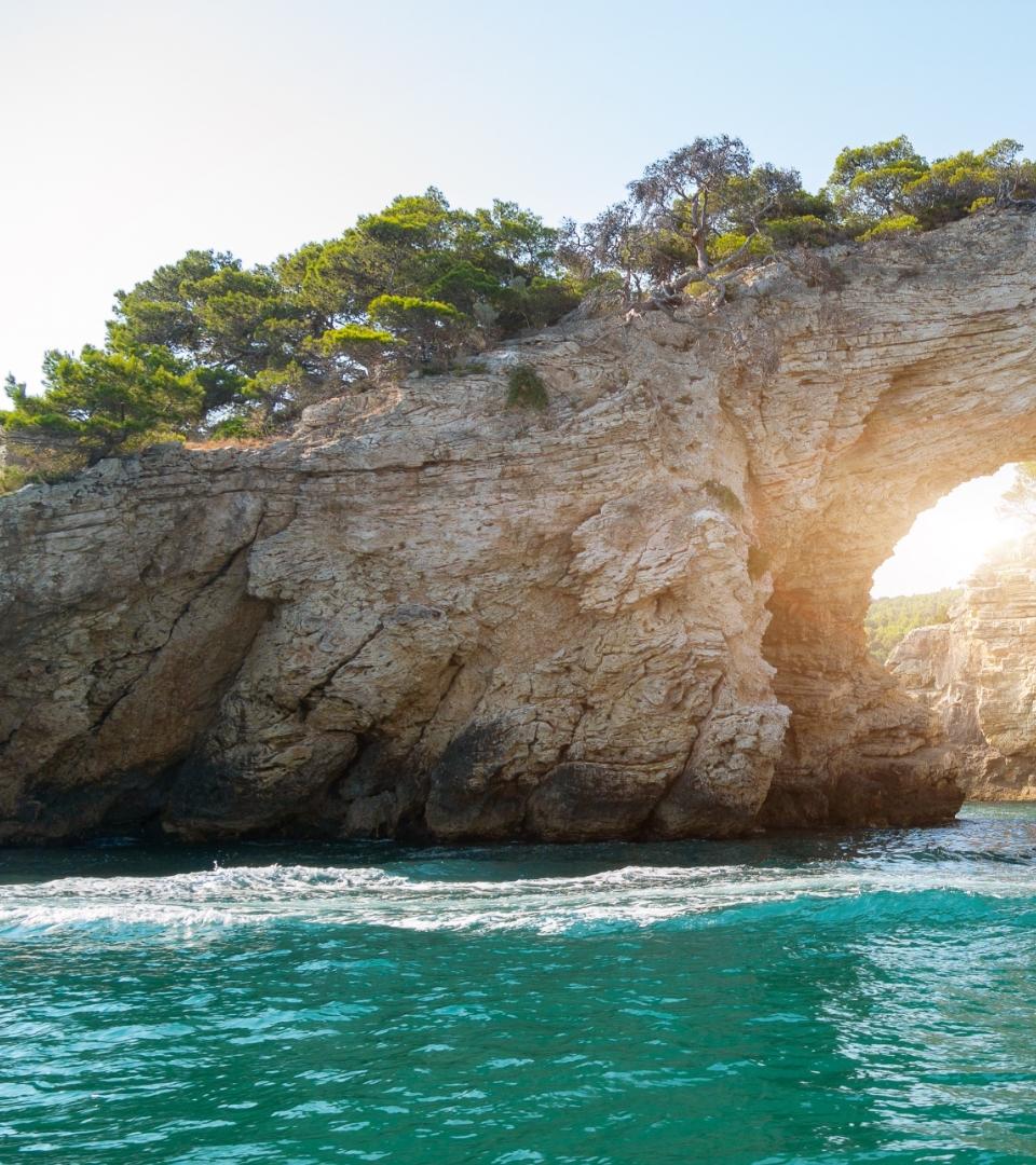 Scogliera con arco naturale e vegetazione, affacciata su acque turchesi.